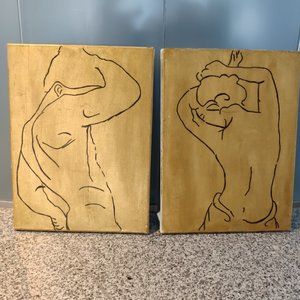 Pair of Gold Line Art Nude Backs Male and Female